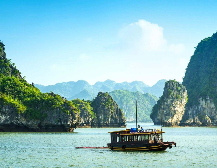 Junk boat among Halong Bay karsts